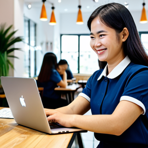 Home 15 A young Vietnamese small business owner, dressed in professional yet modest attire, is smiling confidently while looking at a laptop screen displaying a clean, user-friendly chatbot interface. The setting is a modern, well-lit cafe or small retail shop in a vibrant Vietnamese city. The image conveys efficiency and growth through accessible technology. safe for work, appropriate content, fully clothed, professional, perfect anatomy, correct proportions, natural pose, well-formed hands, proper finger count, natural body proportions, professional photography, high quality.