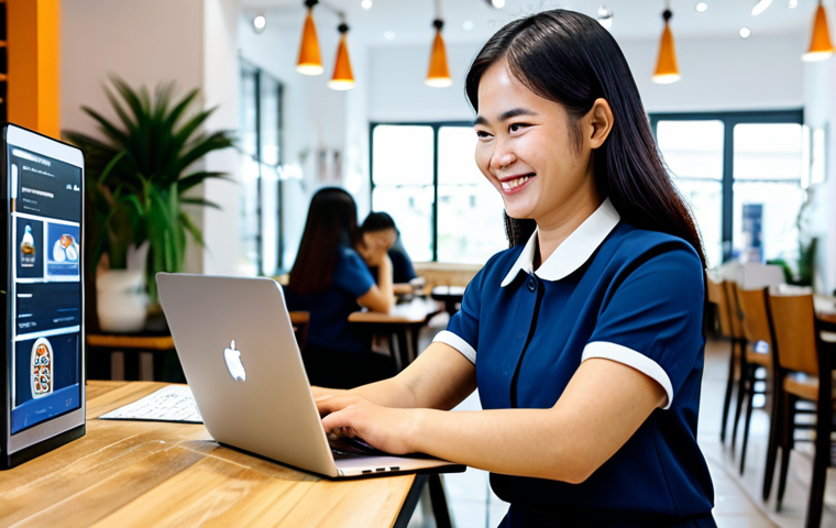 A young Vietnamese small business owner, dressed in professional yet modest attire, is smiling confidently while looking at a laptop screen displaying a clean, user-friendly chatbot interface. The setting is a modern, well-lit cafe or small retail shop in a vibrant Vietnamese city. The image conveys efficiency and growth through accessible technology. safe for work, appropriate content, fully clothed, professional, perfect anatomy, correct proportions, natural pose, well-formed hands, proper finger count, natural body proportions, professional photography, high quality.