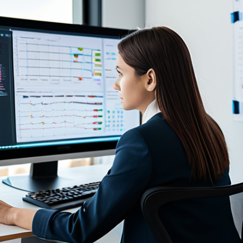 Home 7 A focused female AI developer in a modest business casual attire, fully clothed, meticulously working on a large monitor displaying complex code and data visualizations for a conversational AI project. She is seated at a modern desk in a well-lit, organized tech office environment, with a whiteboard in the background showcasing AI architecture diagrams. The image should convey professionalism and innovation. Professional photography, high resolution, soft studio lighting, perfect anatomy, correct proportions, natural pose, well-formed hands, proper finger count, natural body proportions, safe for work, appropriate content, fully clothed, professional dress.