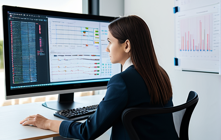 A focused female AI developer in a modest business casual attire, fully clothed, meticulously working on a large monitor displaying complex code and data visualizations for a conversational AI project. She is seated at a modern desk in a well-lit, organized tech office environment, with a whiteboard in the background showcasing AI architecture diagrams. The image should convey professionalism and innovation. Professional photography, high resolution, soft studio lighting, perfect anatomy, correct proportions, natural pose, well-formed hands, proper finger count, natural body proportions, safe for work, appropriate content, fully clothed, professional dress.