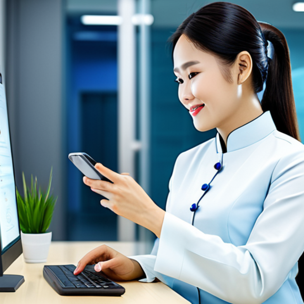 Customer Service Chatbot**
"A friendly customer service representative, portrayed as a modern Vietnamese woman in Ao Dai, assisting a customer via a chatbot interface on a smartphone, set in a brightly lit, contemporary Vietnamese office. Fully clothed, modest clothing, professional setting, safe for work, perfect anatomy, natural proportions, high quality, digital illustration."
**