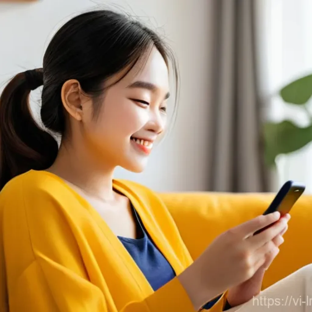 대화형 AI의 인터페이스 개선 사례 분석 - A young woman, approximately 20 years old, sitting comfortably on a modern sofa in a brightly lit li...
