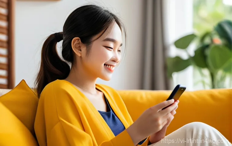 대화형 AI의 인터페이스 개선 사례 분석 - A young woman, approximately 20 years old, sitting comfortably on a modern sofa in a brightly lit li...