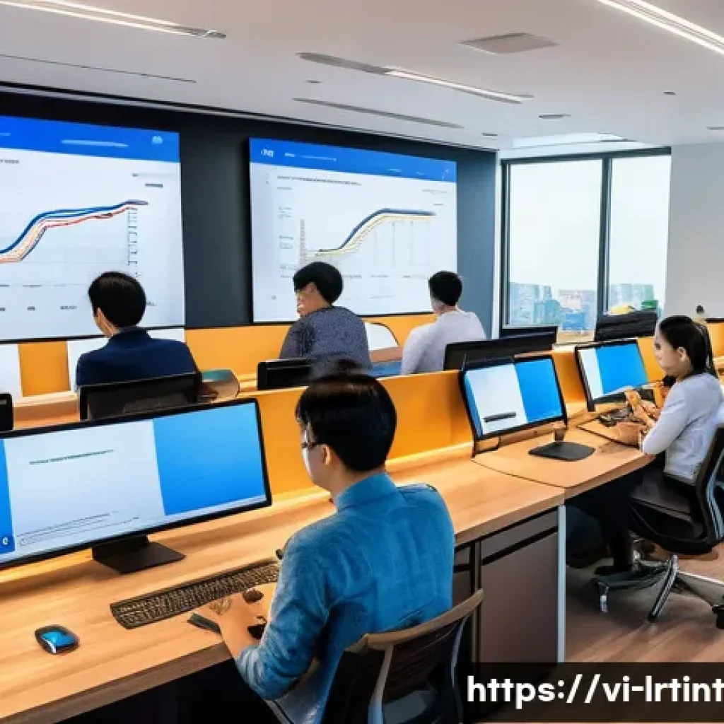 Google Dialogflow로 대화형 AI 구축하기 - A modern Vietnamese office setting where a diverse team of young professionals collaborates around l...