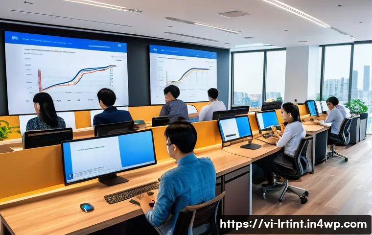 Google Dialogflow로 대화형 AI 구축하기 - A modern Vietnamese office setting where a diverse team of young professionals collaborates around l...