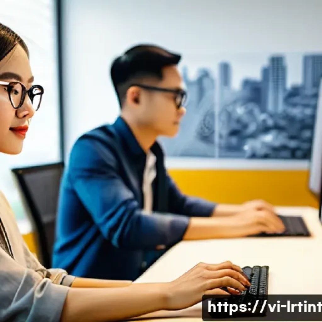 대화형 AI의 자연어 이해 기술 심화 - A modern Vietnamese office scene showing a diverse group of young professionals collaborating on nat...