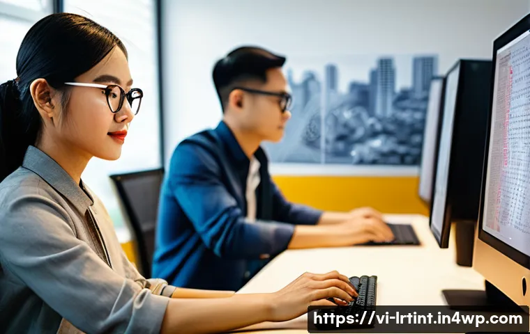 대화형 AI의 자연어 이해 기술 심화 - A modern Vietnamese office scene showing a diverse group of young professionals collaborating on nat...