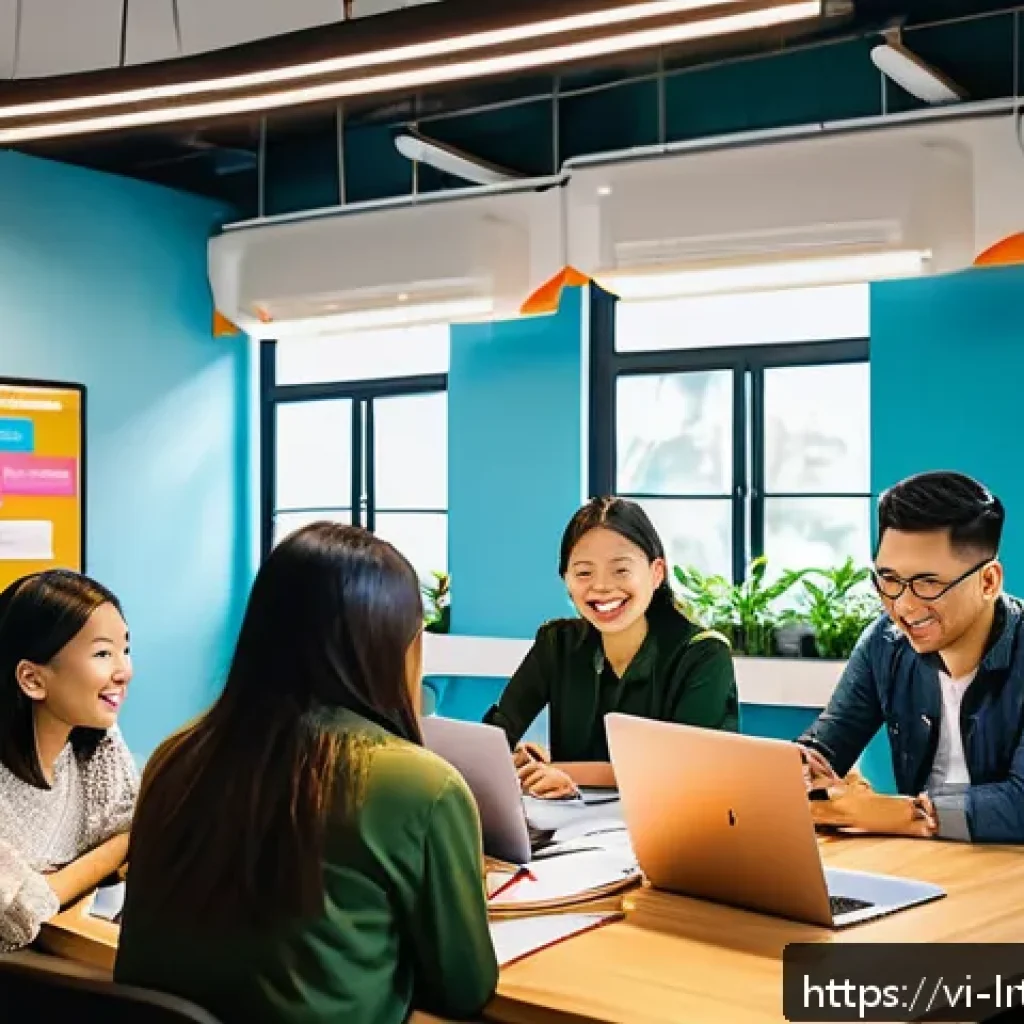 대화형 AI 개발을 위한 팀 빌딩 전략 - A diverse AI team collaborating creatively in a modern Vietnamese startup office, vibrant atmosphere...