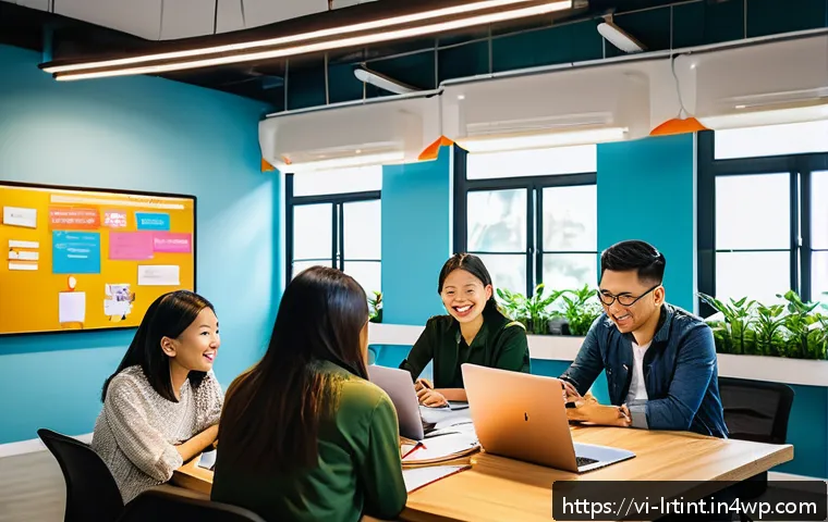 대화형 AI 개발을 위한 팀 빌딩 전략 - A diverse AI team collaborating creatively in a modern Vietnamese startup office, vibrant atmosphere...