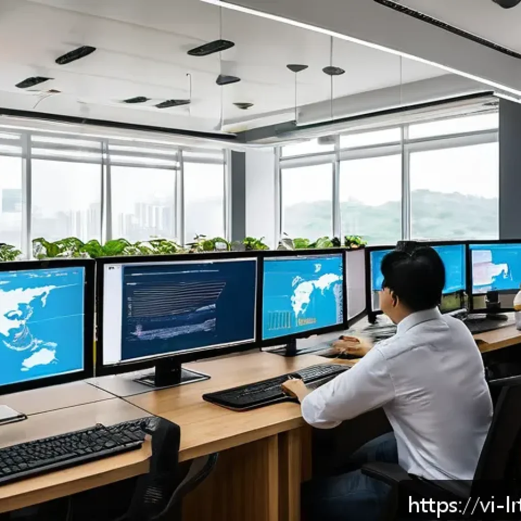 대화형 AI 기술 스택 구성하기 - A modern Vietnamese office environment showcasing a diverse team of IT professionals collaborating o...