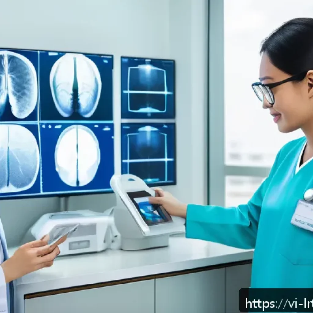 대화형 AI의 지속 가능한 개발을 위한 접근법 - A futuristic Vietnamese smart hospital scene showing AI-powered medical imaging devices analyzing pa...
