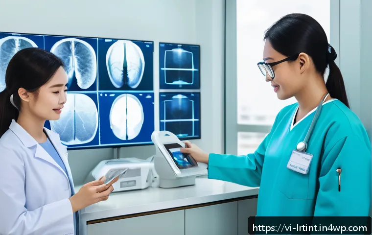 대화형 AI의 지속 가능한 개발을 위한 접근법 - A futuristic Vietnamese smart hospital scene showing AI-powered medical imaging devices analyzing pa...