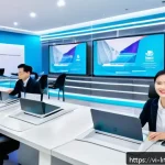 Home 23 대화형 AI의 기술적 트렌드와 산업 변화 - A futuristic Vietnamese customer service center featuring AI-powered virtual assistants and chatbots...
