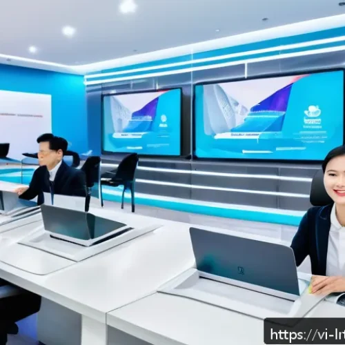 Home 17 대화형 AI의 기술적 트렌드와 산업 변화 - A futuristic Vietnamese customer service center featuring AI-powered virtual assistants and chatbots...