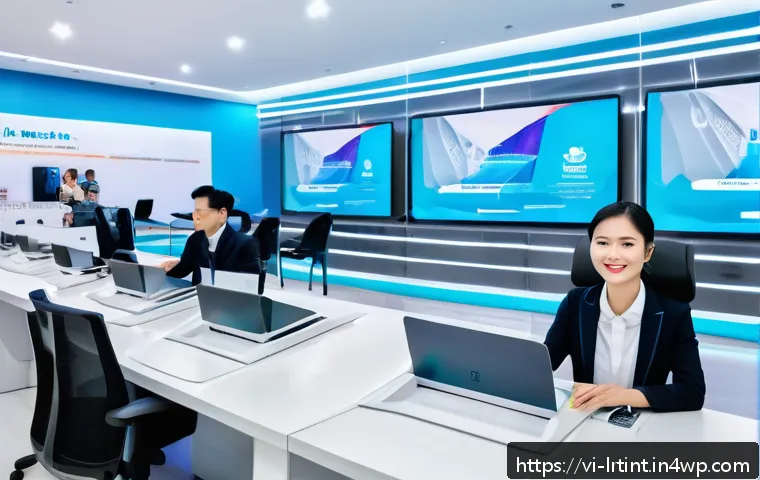 대화형 AI의 기술적 트렌드와 산업 변화 - A futuristic Vietnamese customer service center featuring AI-powered virtual assistants and chatbots...